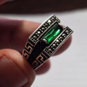 Silver Greek Ring with Emerald Green Stone